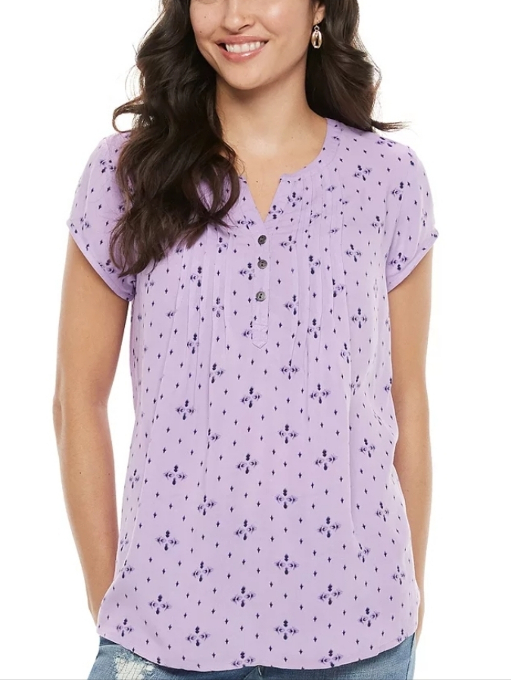 Sonoma Lavender Short-Sleeve Pintuck Blouse with Dark Floral Print